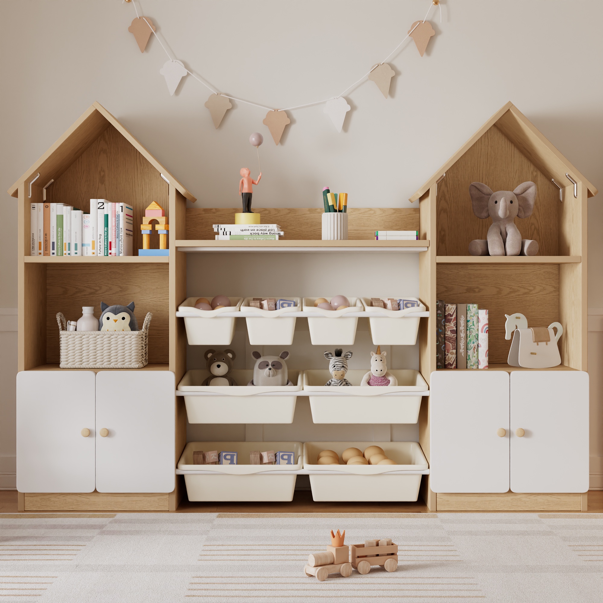 Kinderregal - 171,5 X 30 X 125 Cm - Mit 8 Spielzeugboxen, Türen Aufbewahrungsschrank Skandinavisch Holz - Weiß