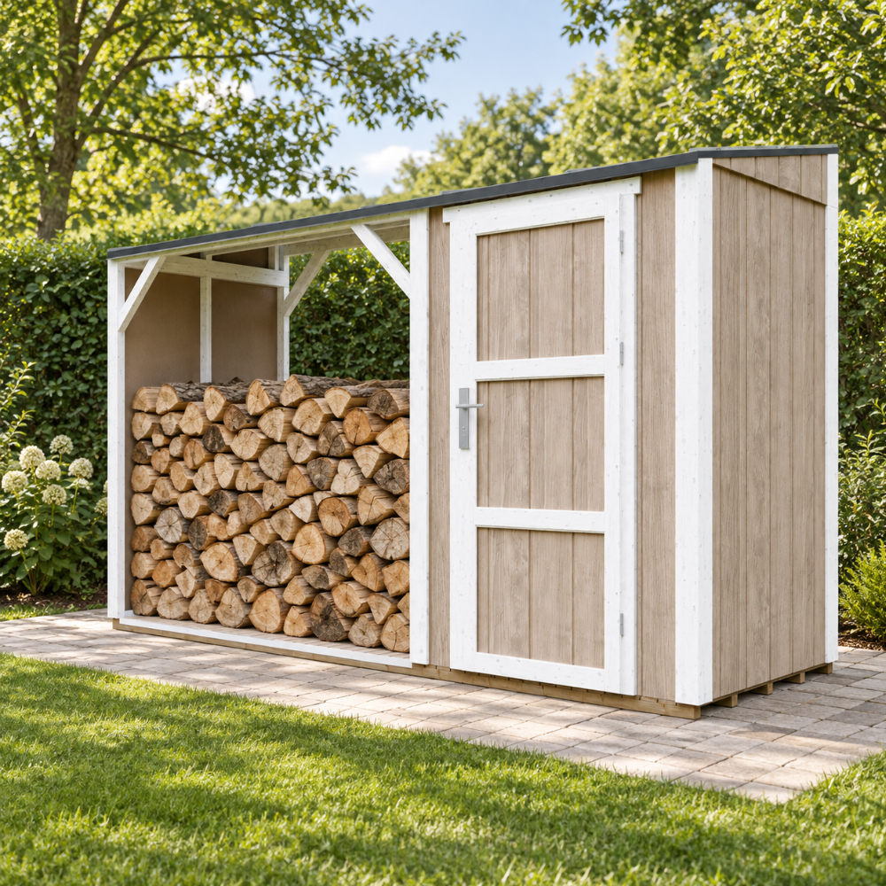 Timbela M985-terra Brown Brennholzlager Mit Geschlossenem Stauraum 4,14 M², Kaminholzunterstand Mit Geräteraum