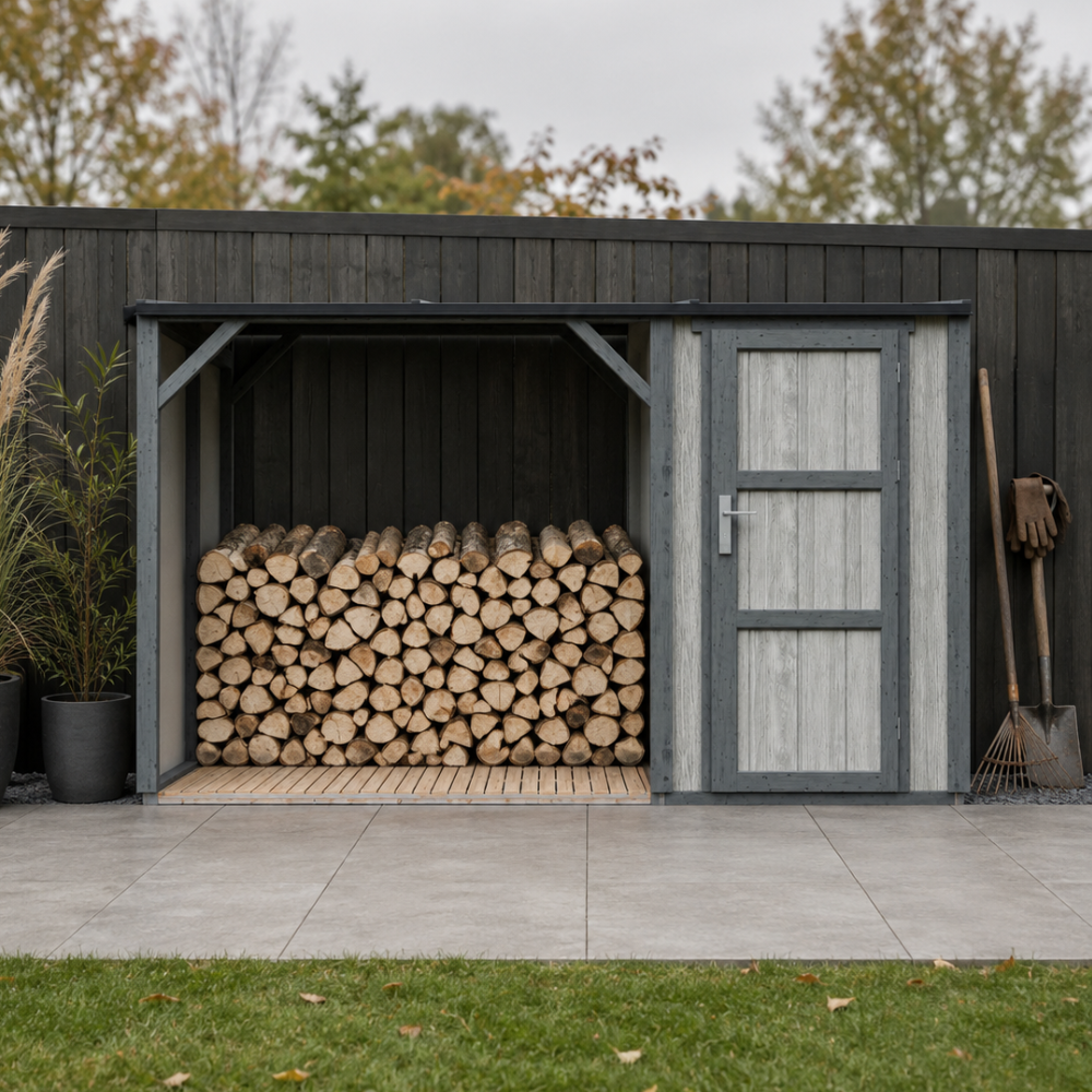 Timbela M985-tundra Cavern Brennholzlager Mit Geschlossenem Stauraum 4,14 M², Kaminholzunterstand Mit Geräteraum