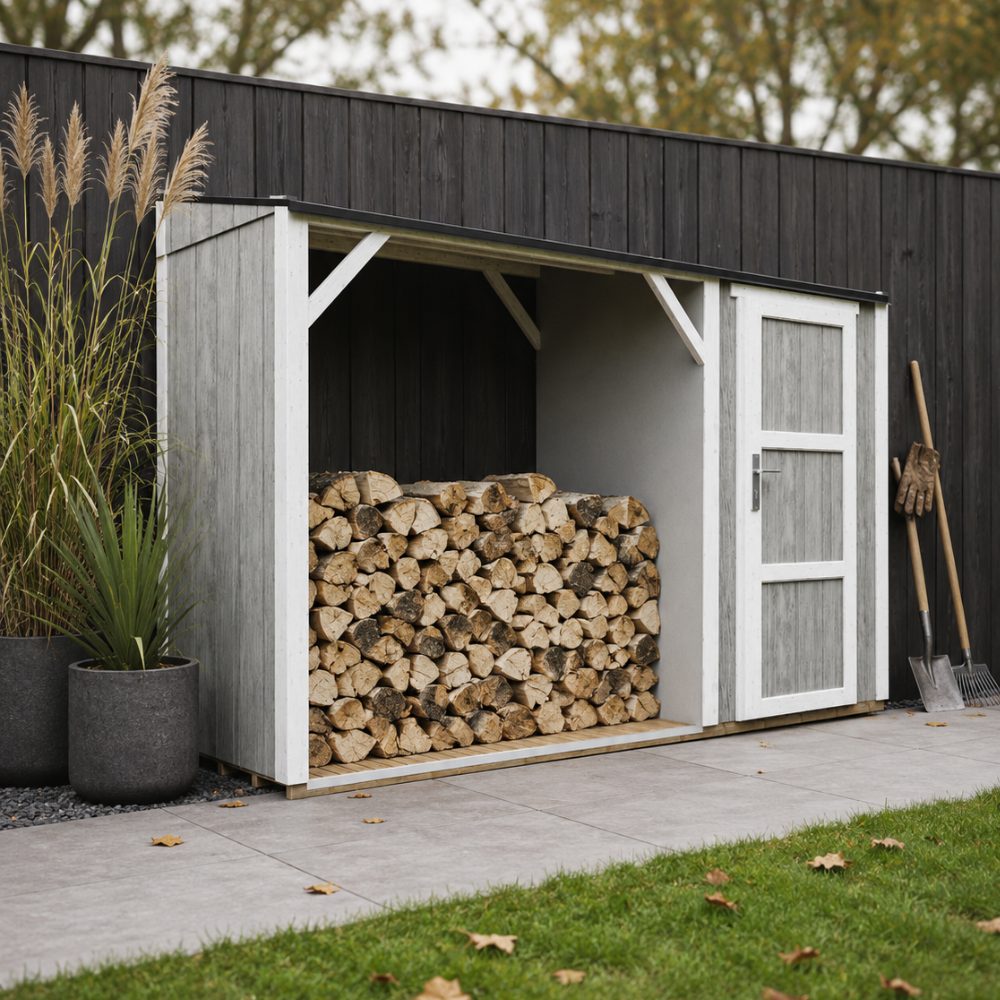 Timbela M985-tundra Grey Brennholzlager Mit Geschlossenem Stauraum 4,14 M², Kaminholzunterstand Mit Geräteraum