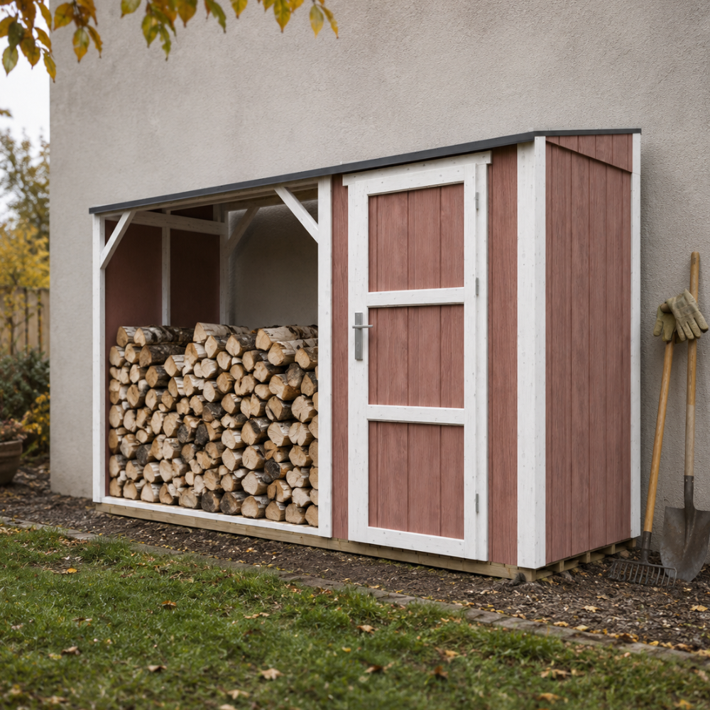 Timbela M985-redwood Red Brennholzlager Mit Geschlossenem Stauraum 4,14 M², Kaminholzunterstand Mit Geräteraum