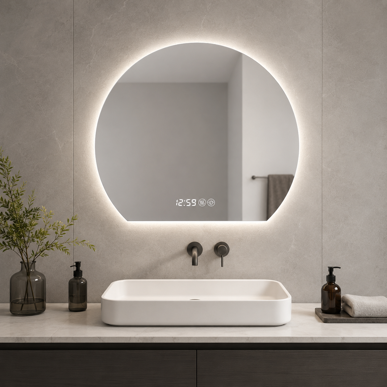 Led-badezimmerspiegel Rund 80 Cm, Anti-beschlag, 3 Lichtfarben Dimmbar, 5 Mm Kupferfreies Hd-glas
