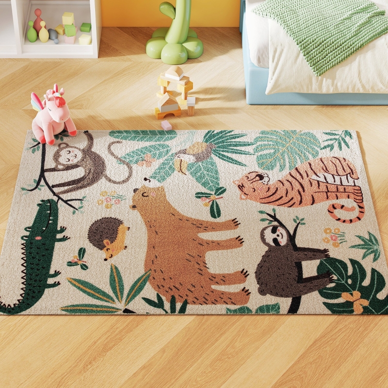 Kinder-teppich Dschungel-muster, Fleece, Pflegeleicht, Cremeweiß Bunt