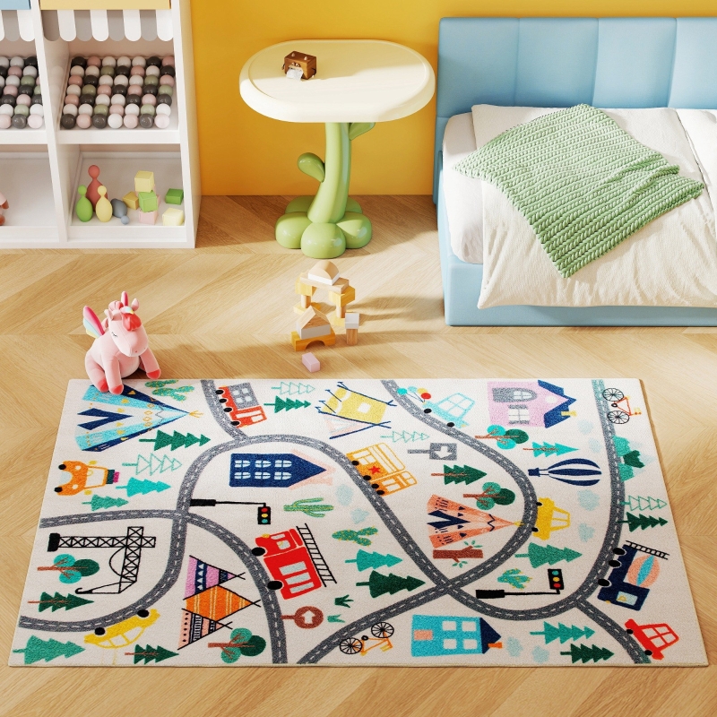 Kinder-teppich Mit Autobahn-muster, Fleece, Pflegeleicht, Bunt