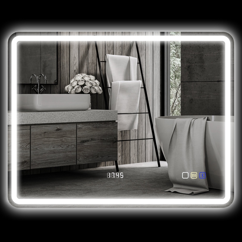 Badspiegel Led 70x90 Cm, Bluetooth, Uhr, Touch, 3 Lichtfarben, Silber