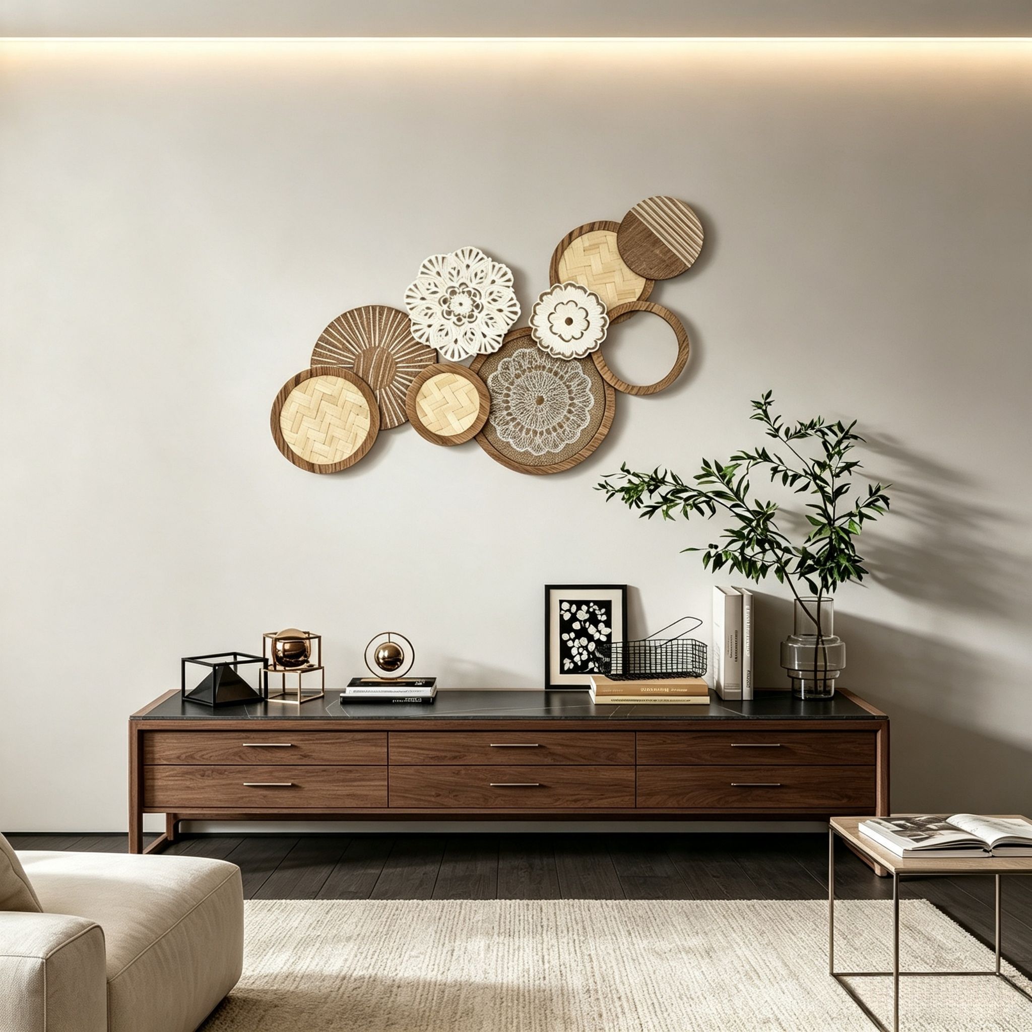 Wanddekoration Holz Mit Glasplatten, Moderne Wandskulptur, Wohnzimmer
