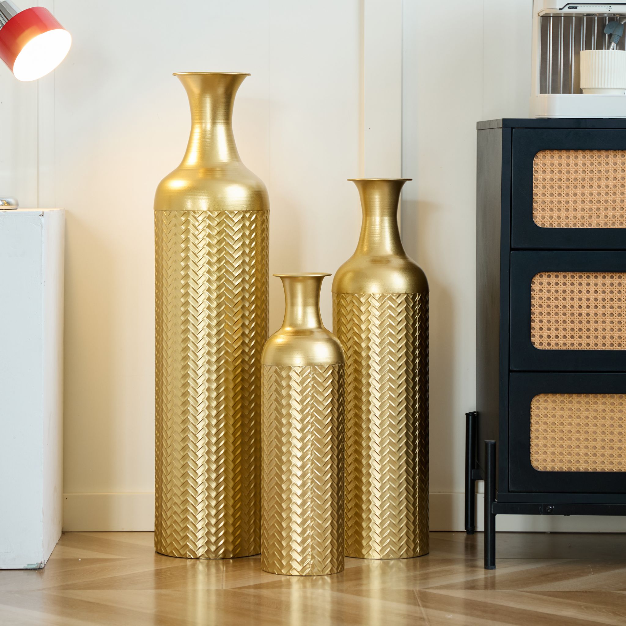 Bodenvase 3er-set Gold, Metallvasen Mit Strukturmuster, 50/66/83 Cm, Übertopf Wohnzimmer Flur