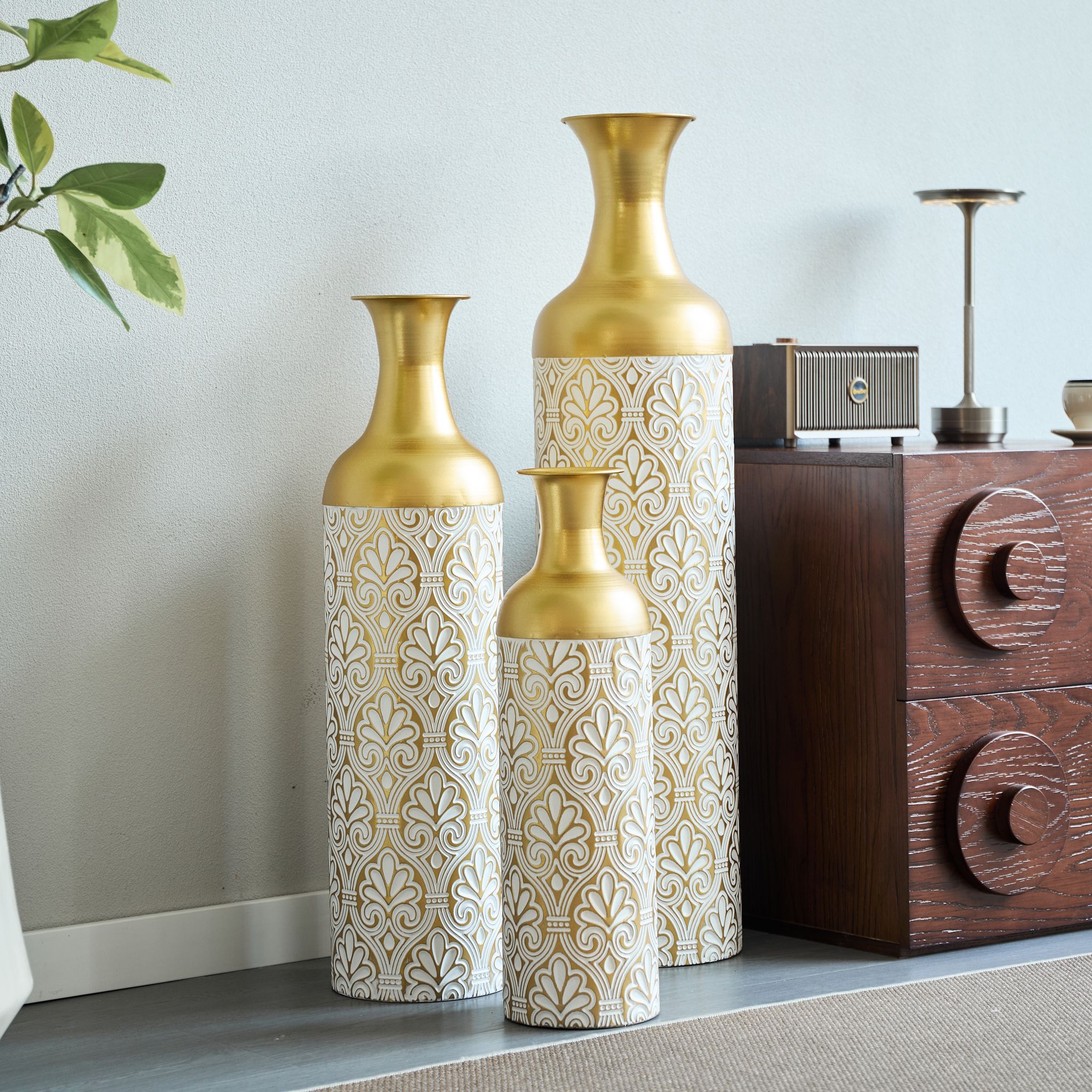Bodenvase 3er-set Gold, Metallvasen Mit Weißem Punktmuster, 50/66/83 Cm, Übertopf Wohnzimmer