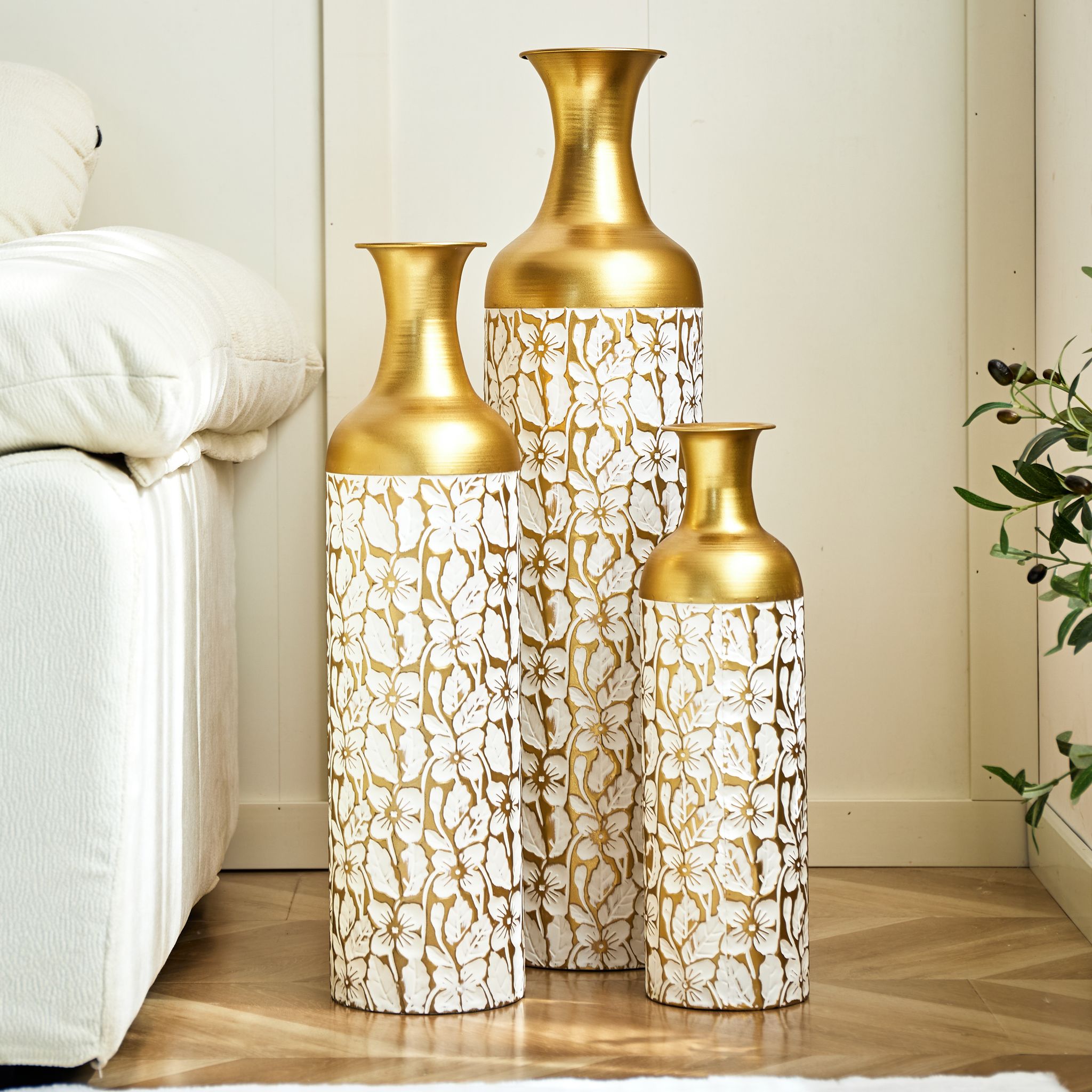 Bodenvase 3er-set, Gold-weiße Metallvasen Mit Blumenmuster, 50/66/85 Cm, Übertopf Wohnzimmer