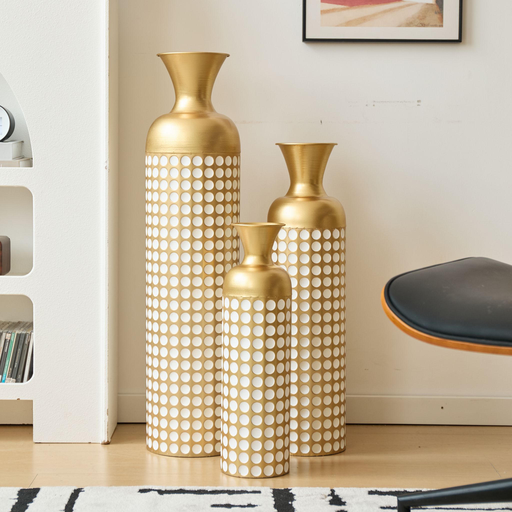 Bodenvase 3er-set, Goldene Metallvasen Mit Weißen Punkten, 50/66/83 Cm, Deko-vasen Trockenblumen