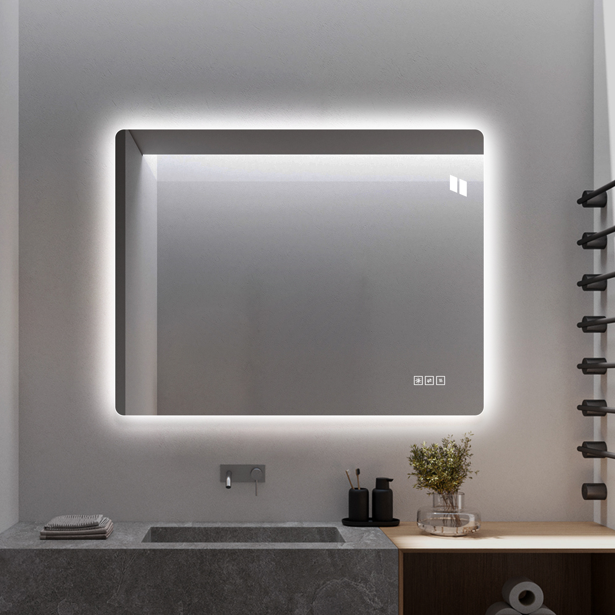 Led-badezimmerspiegel 60x80 Cm, Rahmenlos, Hinterleuchtung, Anti-beschlag, 3 Lichtfarben Dimmbar