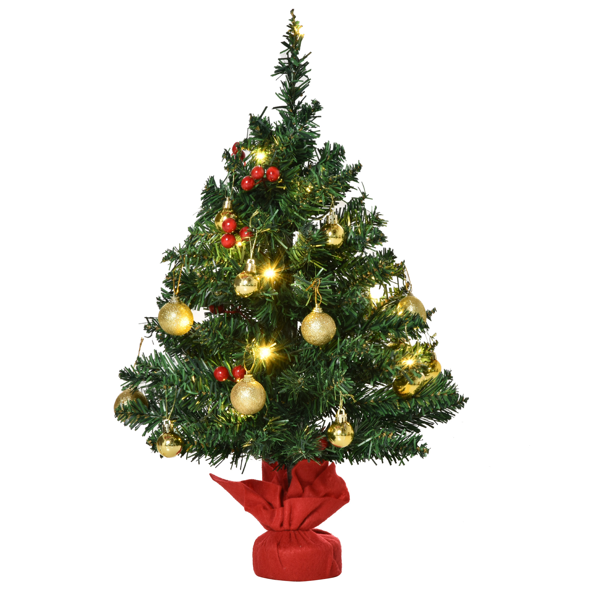 Mini-weihnachtsbaum 60 Cm, Mit Led-lichtern, Kugeln & Beeren, Tisch-weihnachtsbaum Grün Pvc, Ø40