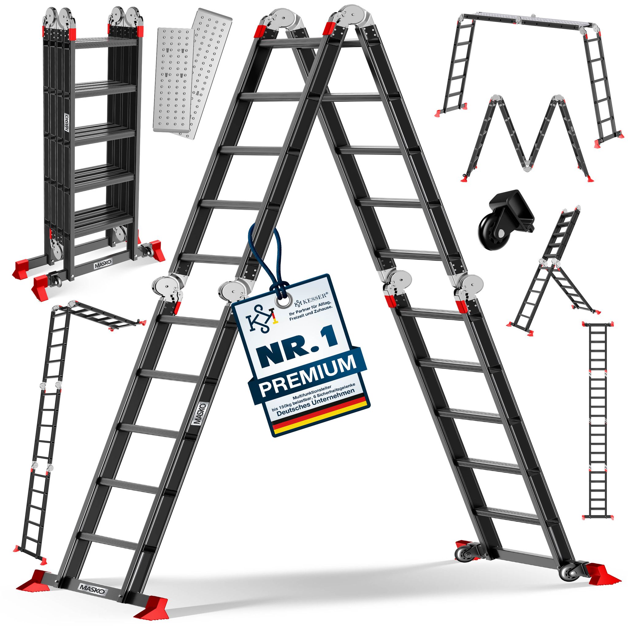 Masko® Mehrzweckleiter Aluminium 6in1, Bis 150 Kg - Schwarz / Rot, 4x5 Sprossen