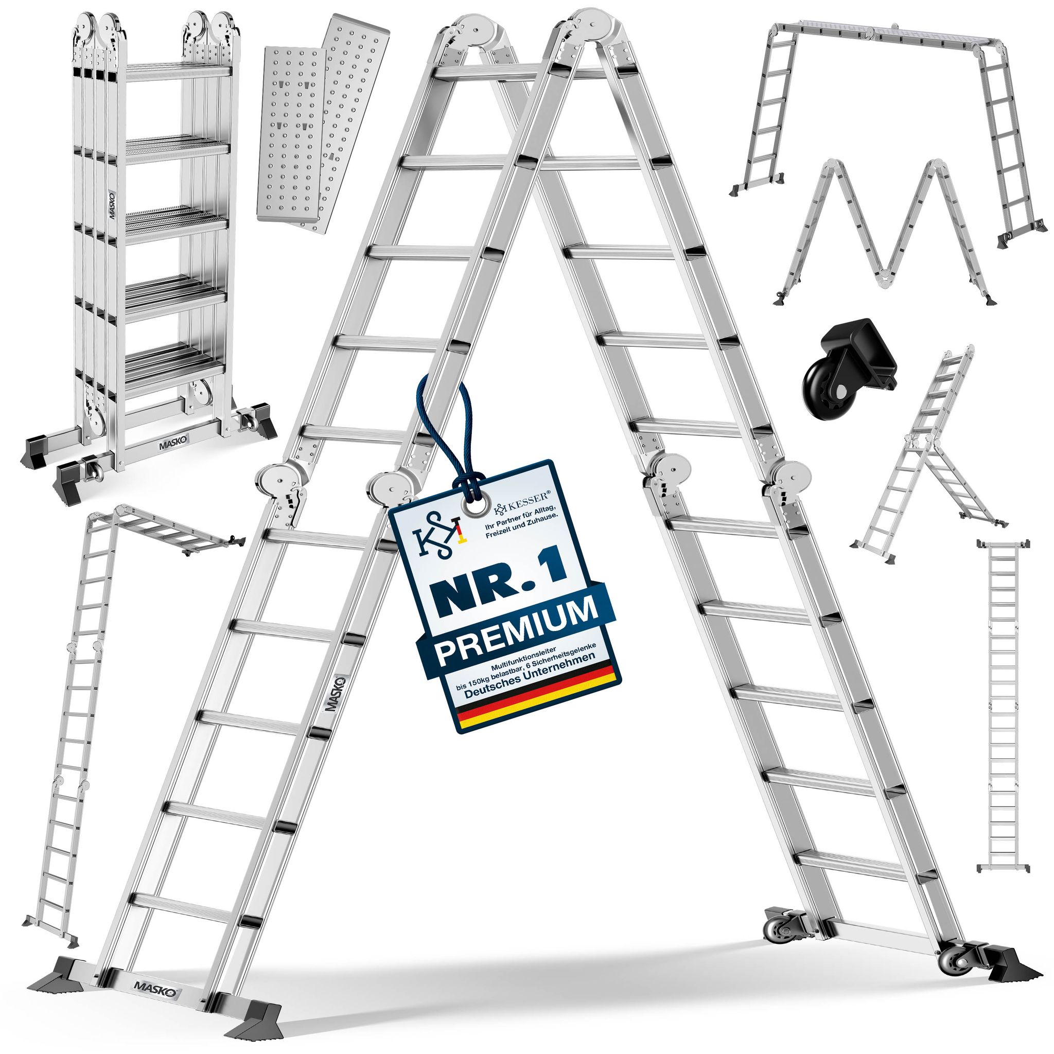 Masko® Mehrzweckleiter Aluminium 6in1, Bis 150 Kg - Silber, 4x5 Sprossen