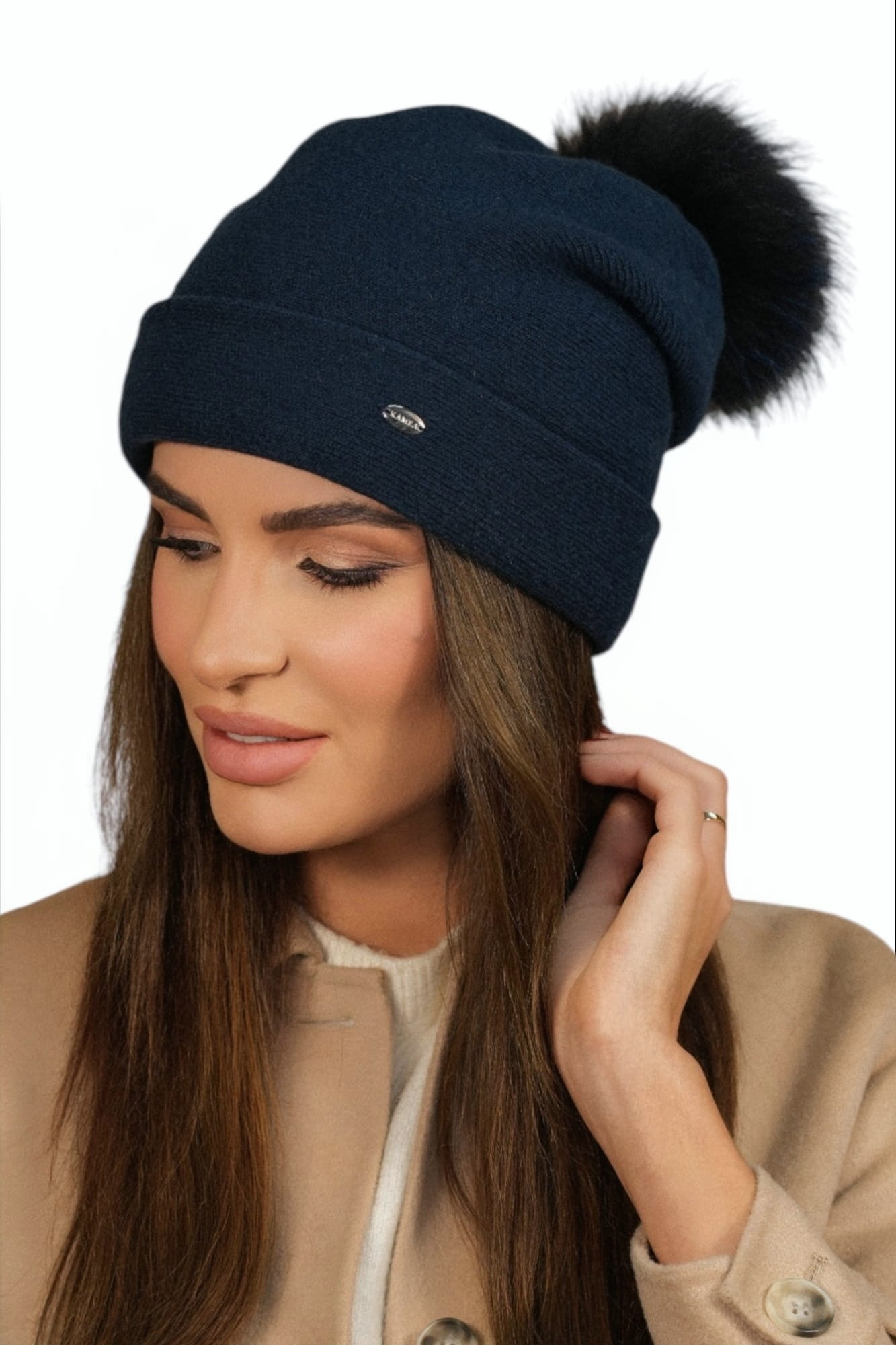 Damen-wintermütze Aus Wolle, Farbe Marineblau-türkis, Kamea-chiru, Umweltfreundlicher Pompon