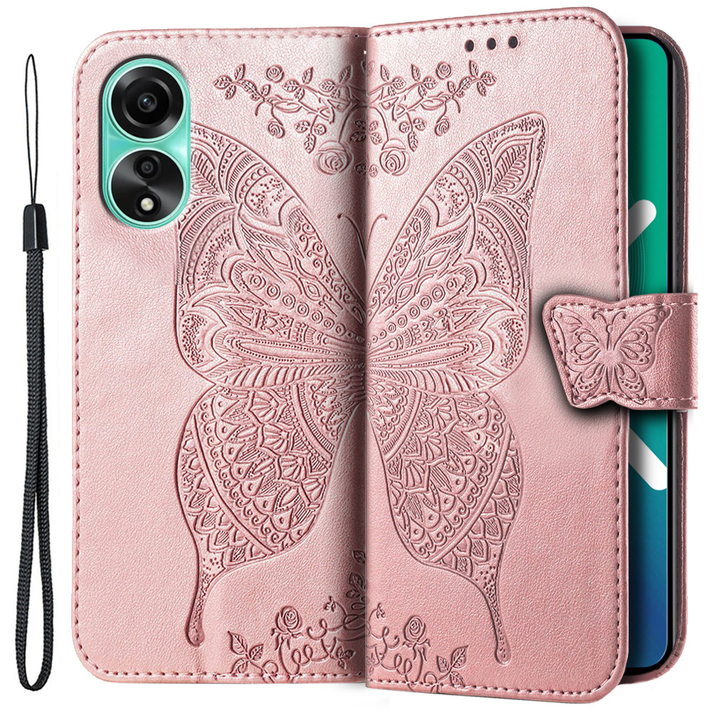 Klapphülle Für Oppo A58 4g, Schmetterling, Roségold