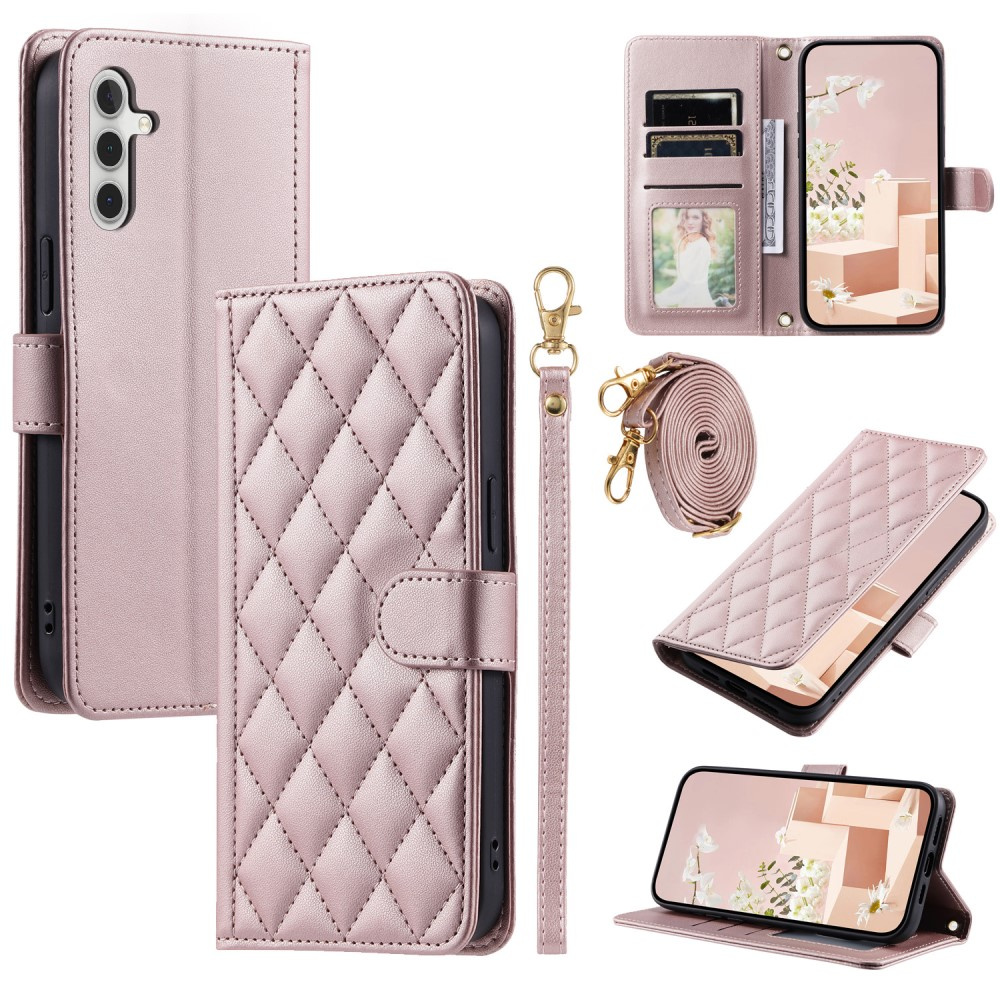 Samsung Galaxy A55 5g Flip Case, Rhombus Crossbody Leder, Roségold