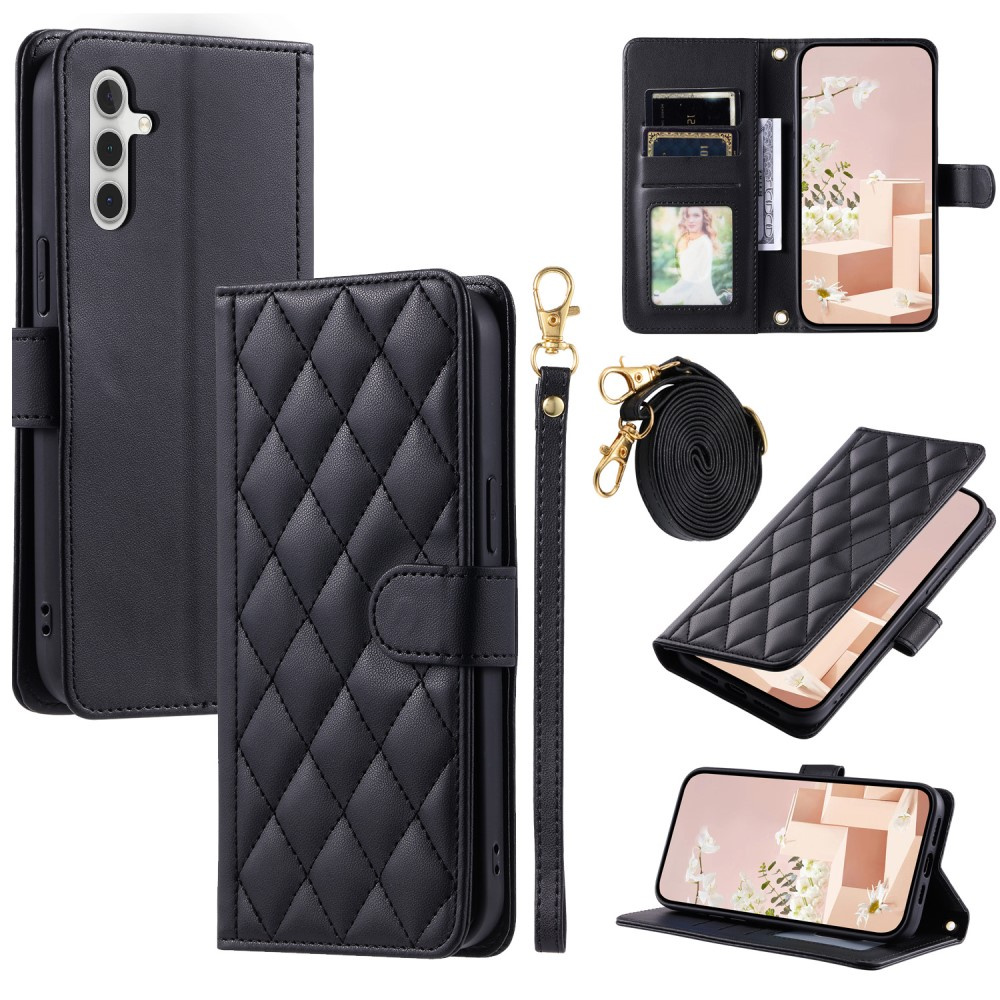 Samsung Galaxy S24 Fe Flip Case, Rhombus Crossbody Leder, Schwarz