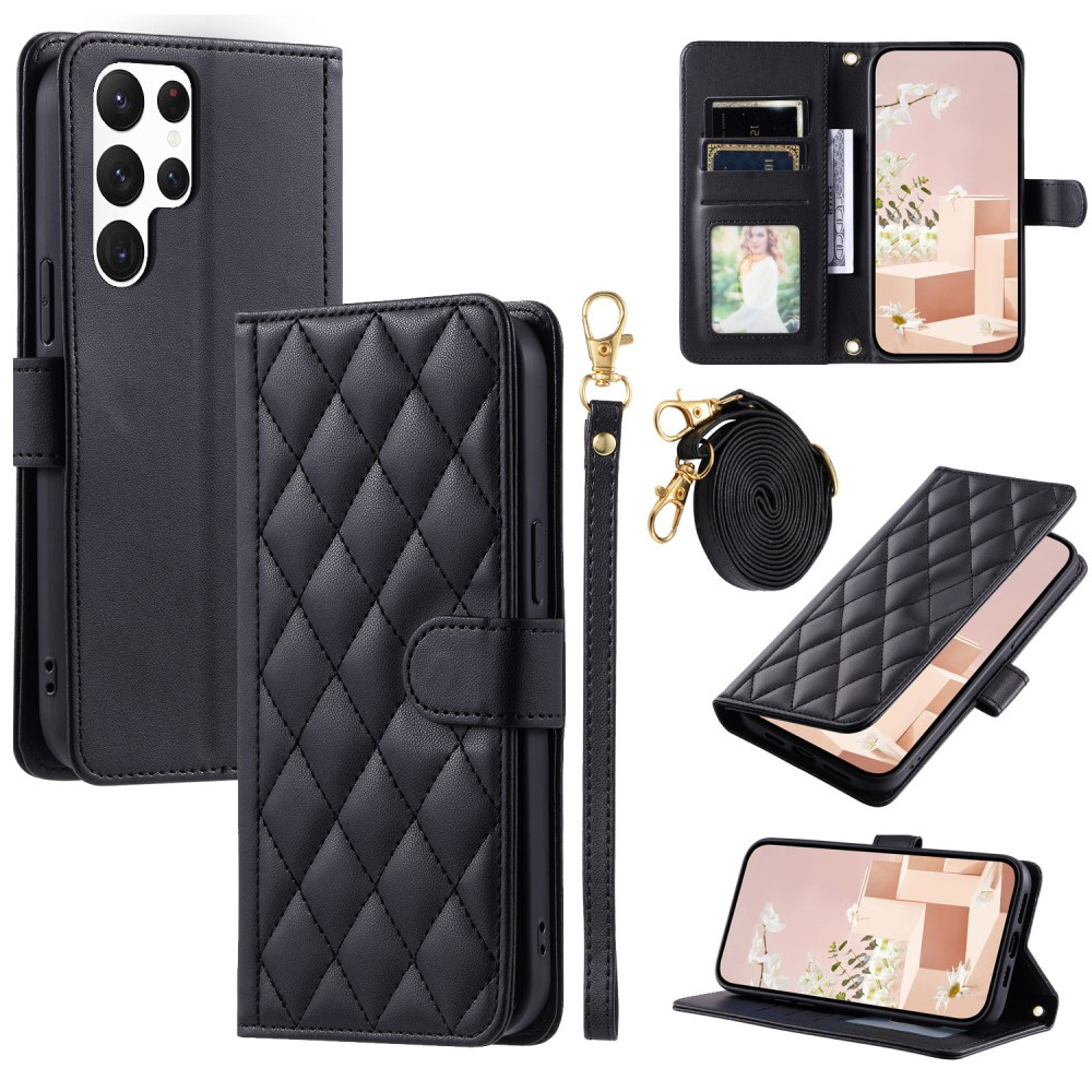 Samsung Galaxy S25 Ultra Rhombus Crossbody Leder-klapphülle, Schwarz