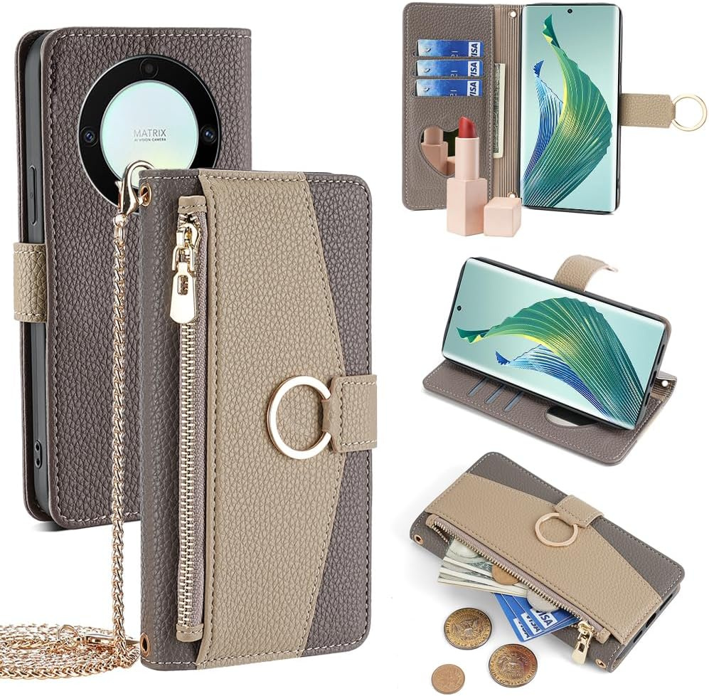 Honor Magic 6 Lite 5g Flipcase, Brieftaschenfach Mit Reißverschluss, Mit Spiegel, Braun