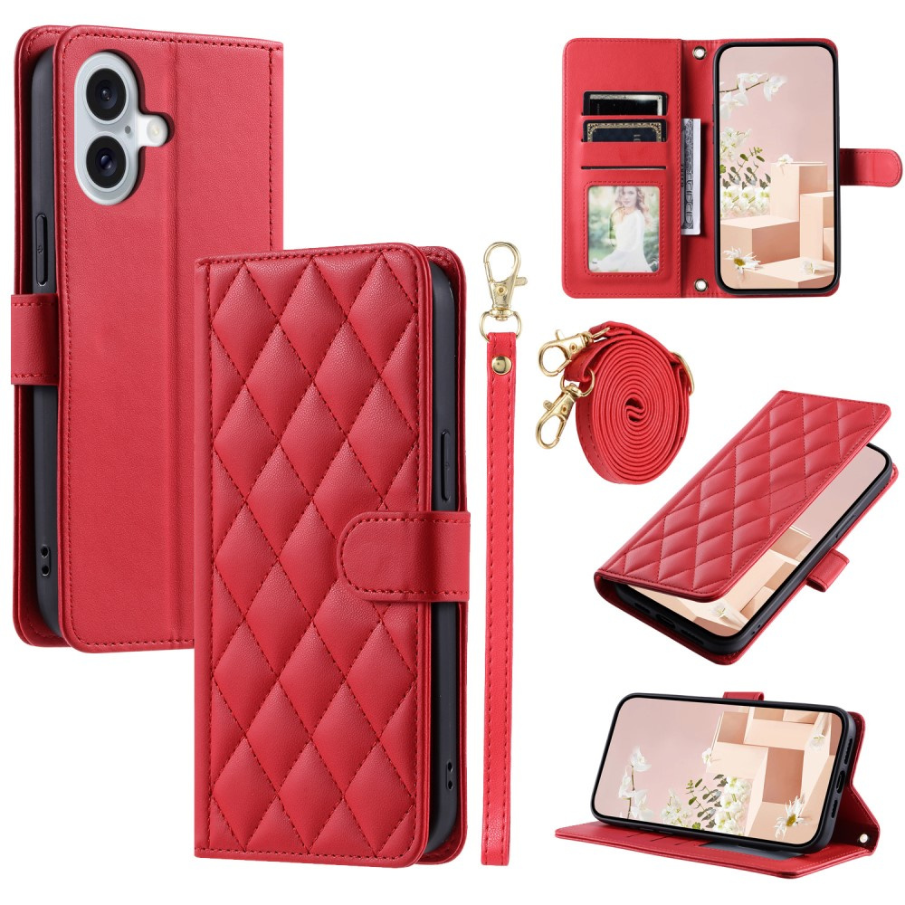 Iphone 16 Plus Rhombus Crossbody Leder-klapphülle, Rot