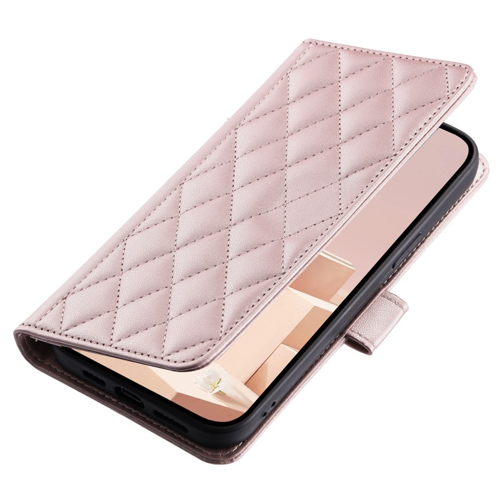 Iphone 16 Pro Rhombus Crossbody Leder-klapphülle, Roségold