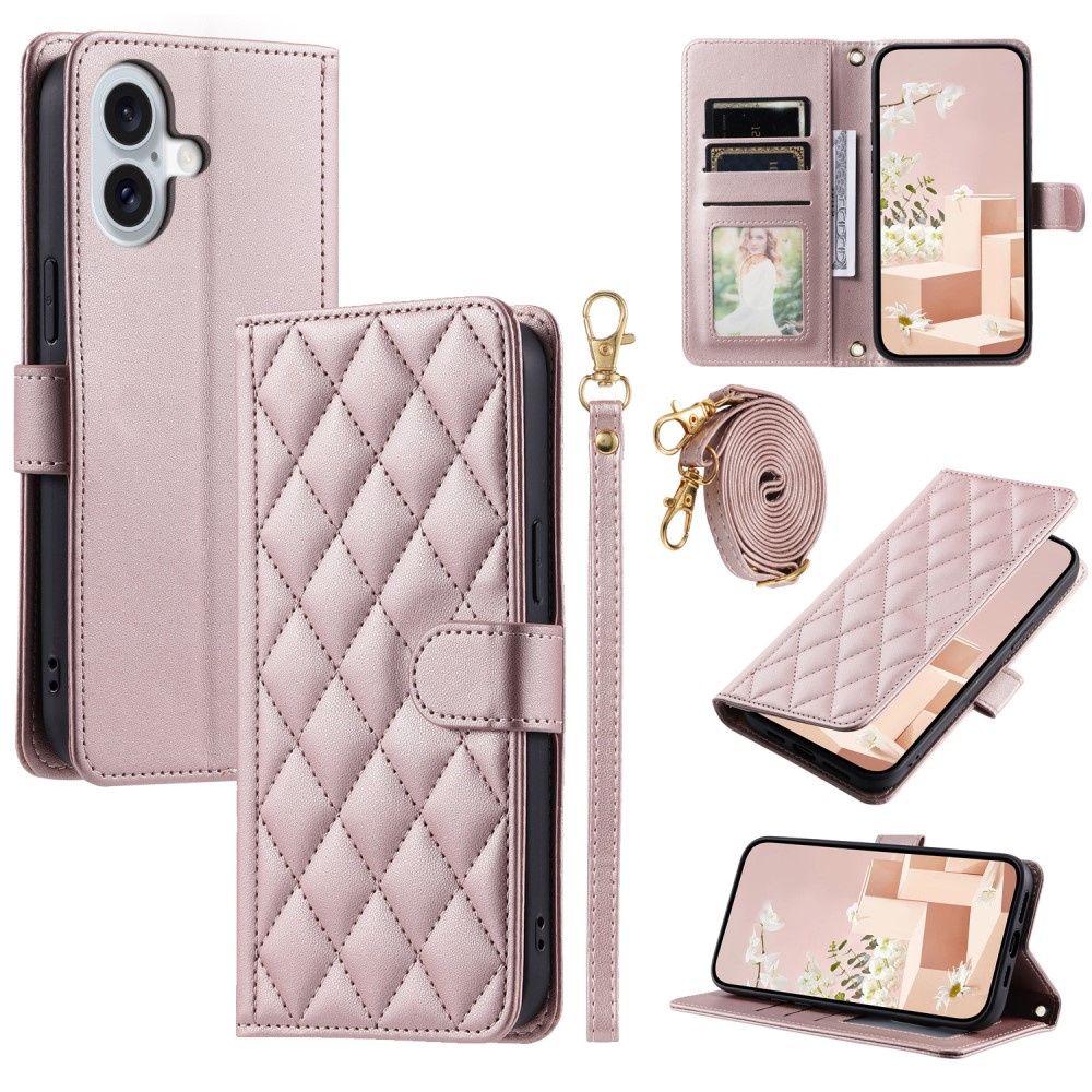 Iphone 16 Flip Case, Rhombus Crossbody Leder, Roségold