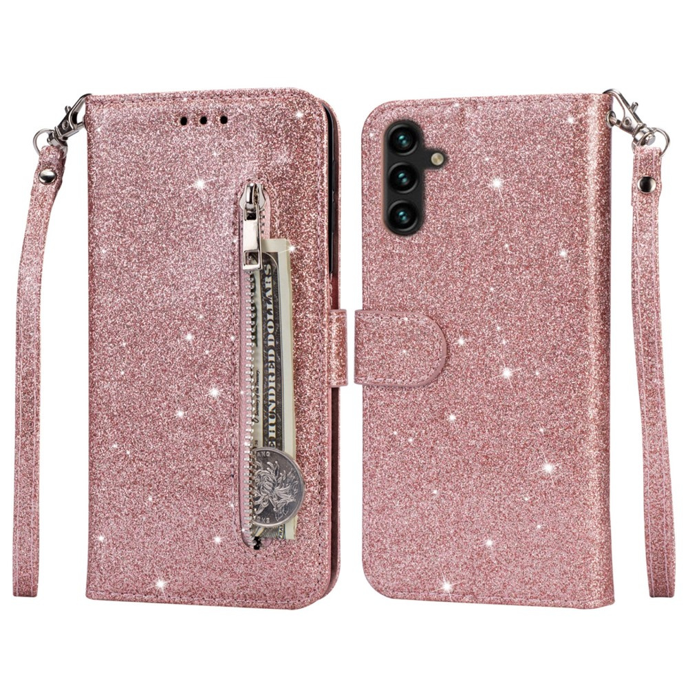 Samsung Galaxy A35 5g Klapphülle, Brieftaschentasche Mit Reißverschluss, Glitzernd, Roségold