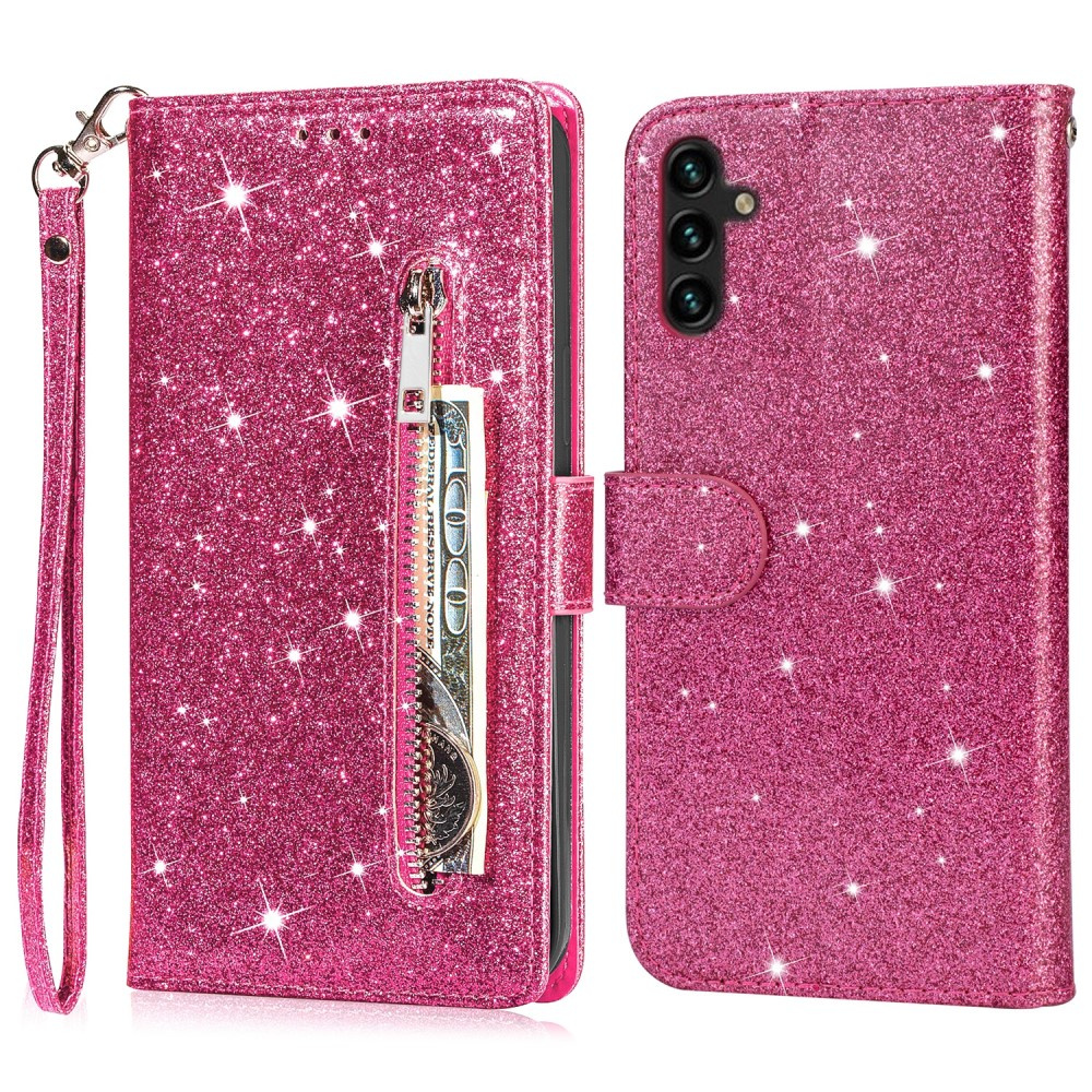 Samsung Galaxy A36 5g Klapphülle, Brieftaschentasche Mit Reißverschluss, Glitzernd, Pink