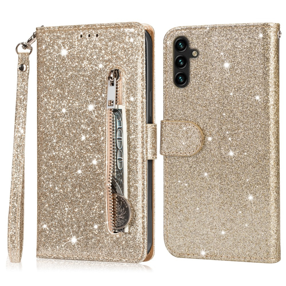 Samsung Galaxy A36 5g Klapphülle, Brieftaschentasche Mit Reißverschluss, Glitzernd, Gold