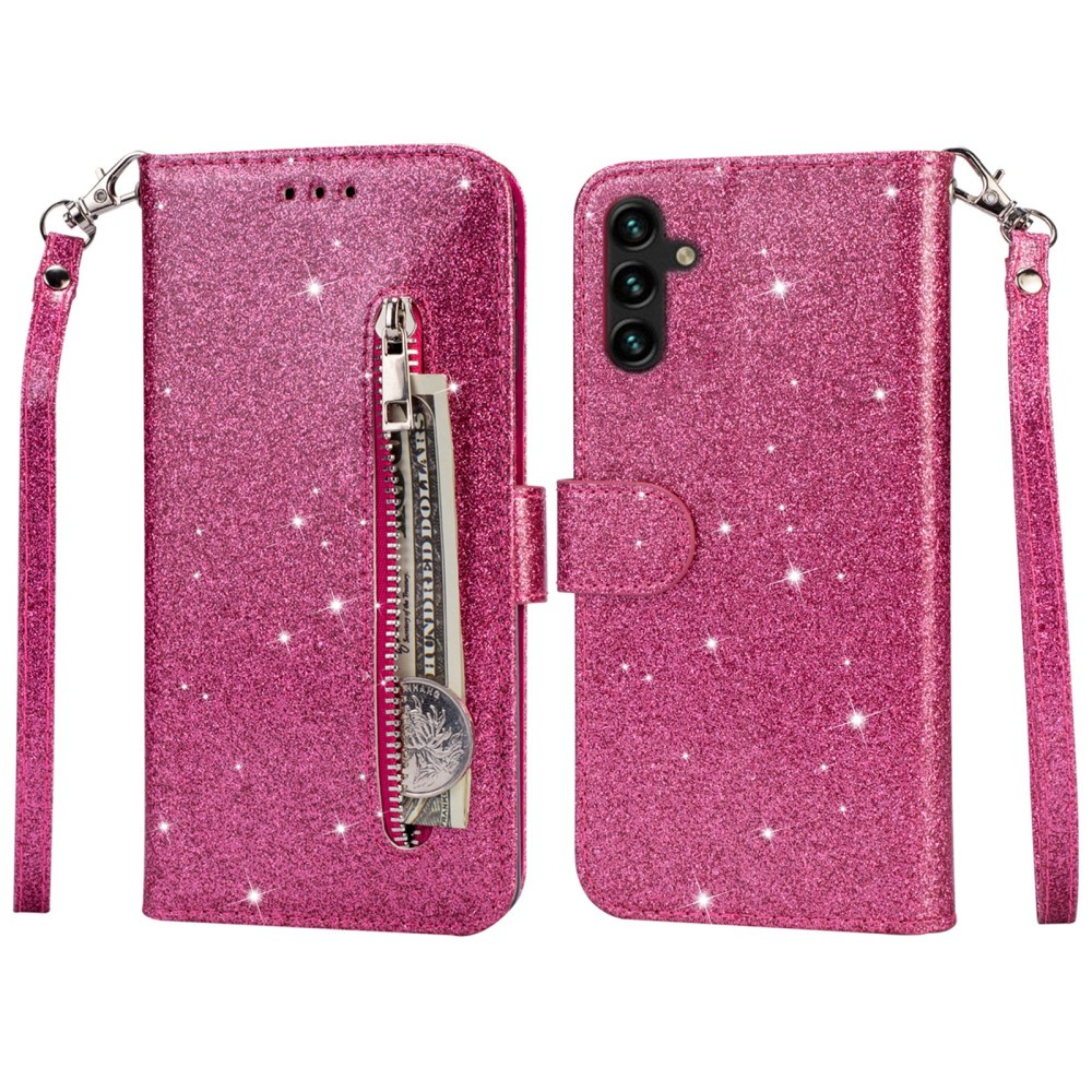 Samsung Galaxy A35 5g Klapphülle, Brieftaschentasche Mit Reißverschluss, Glitzernd, Pink