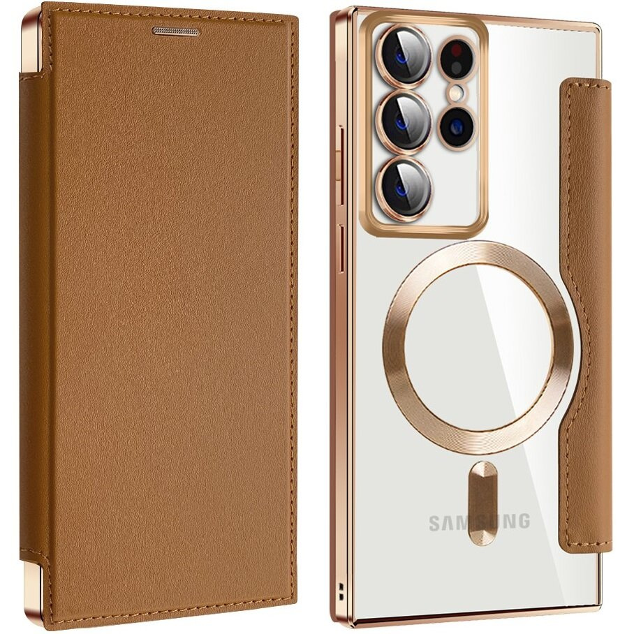 Samsung Galaxy S22 Ultra 5g Flip-hülle, Rfid-geldbörse Magsafe Mit Kameraschutz, Braun