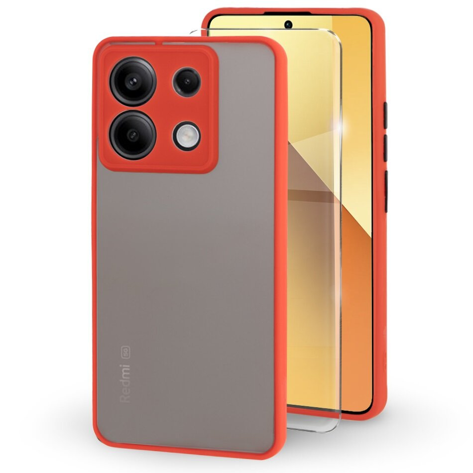 Silikonhülle Für Xiaomi Redmi Note 13 5g, Mit Kameraschutz, Transparent/rot + 9h-gehärtetes Glas