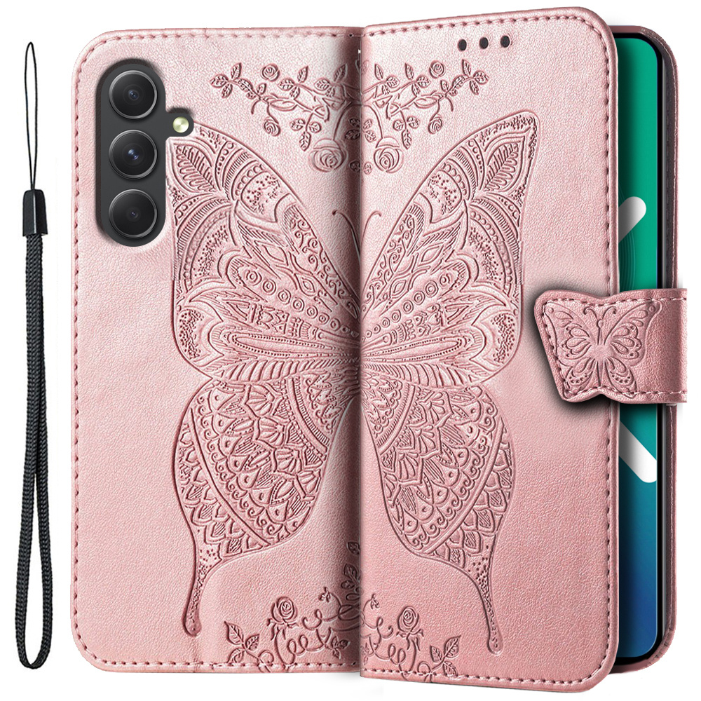 Klapphülle Für Samsung Galaxy A54 5g, Schmetterling, Roségold