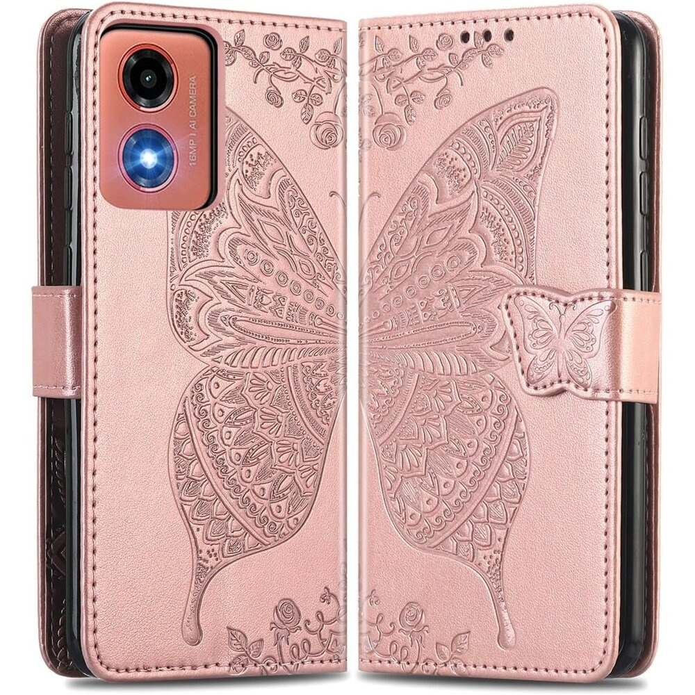 Klapphülle Für Motorola Moto E14, Schmetterling, Roségold