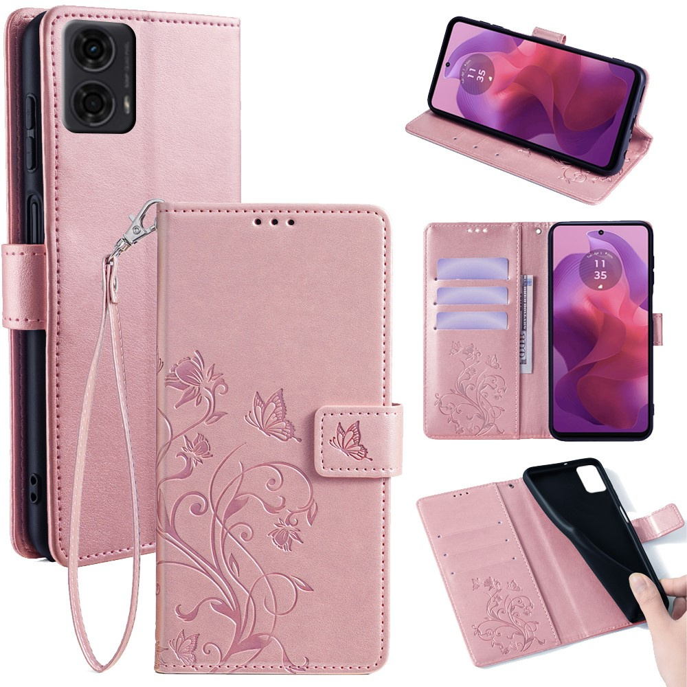 Klapphülle Für Motorola Moto E14, Schmetterlinge, Roségold