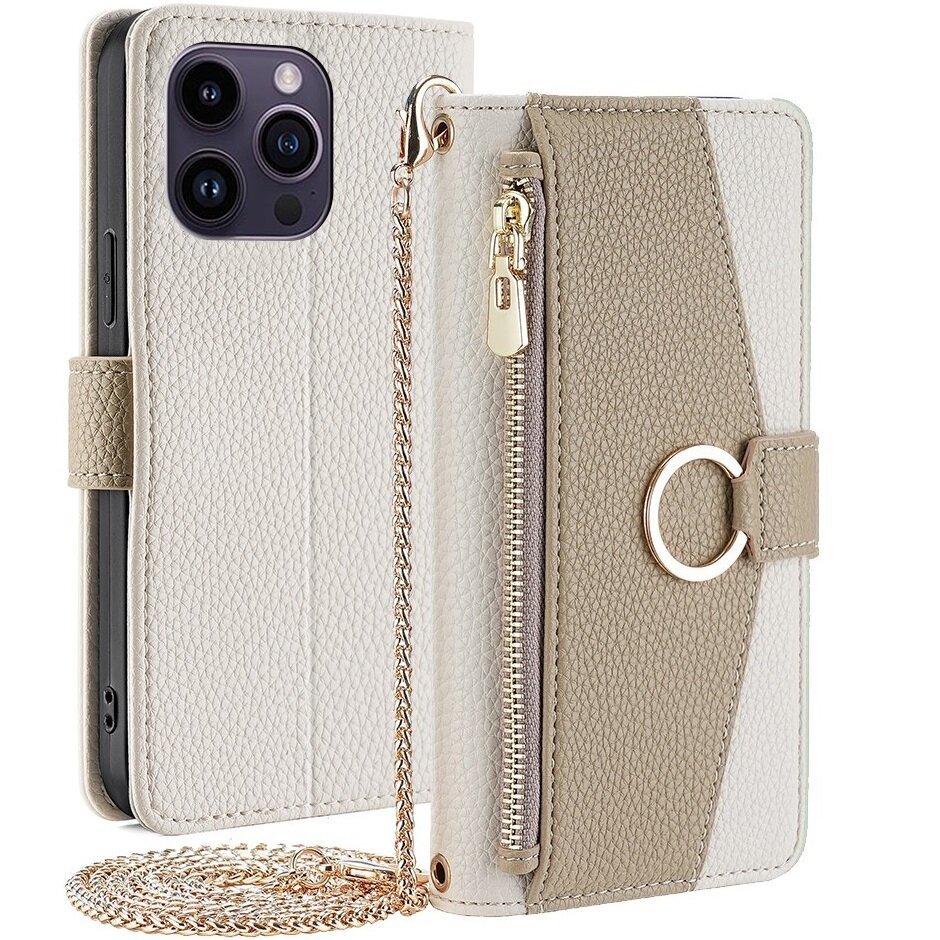 Iphone 15 Pro Klapphülle, Brieftaschenfach Mit Reißverschluss, Spiegel, Weiß