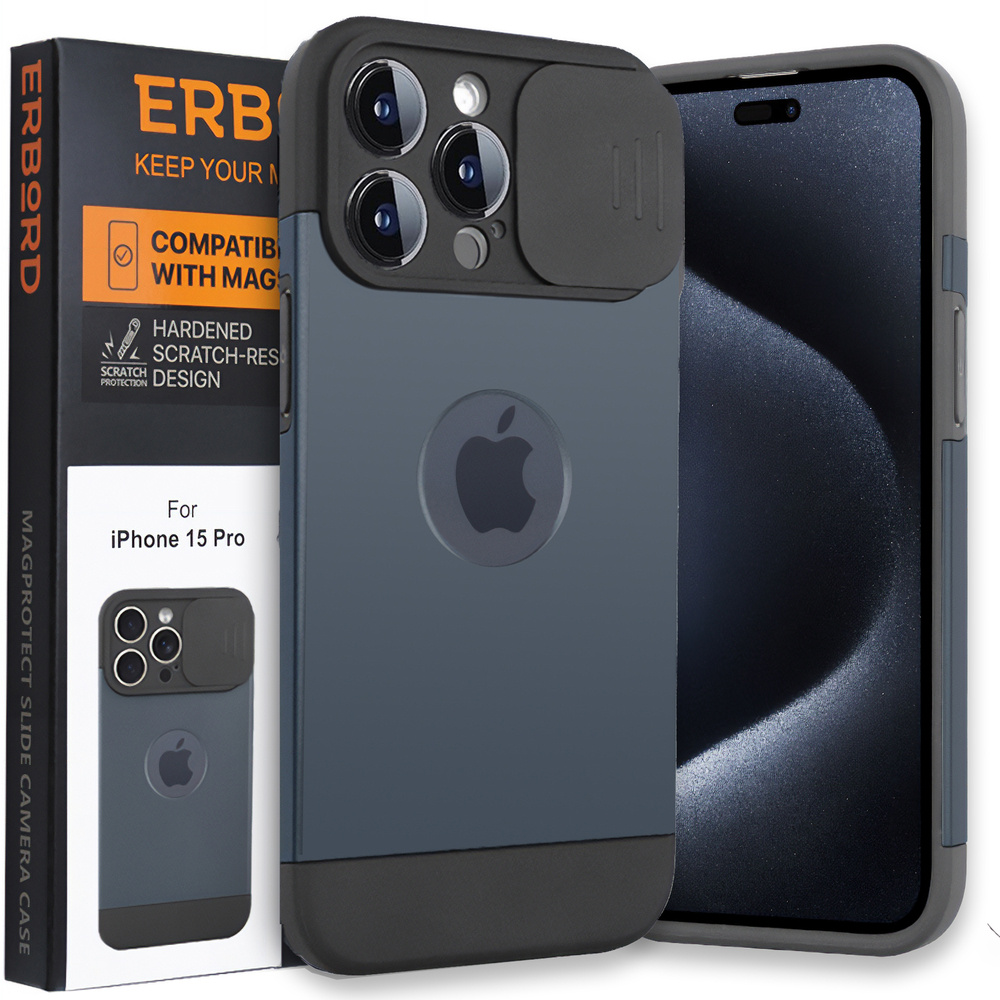 Iphone 15 Pro Hülle, Erbord Magprotect Cam Slider Für Magsafe, Titanblau + Gehärtetes Glas