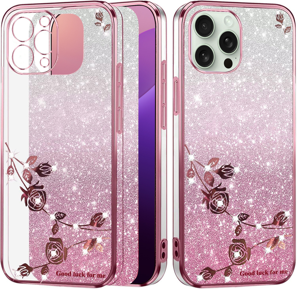 Iphone 16 Pro Hülle, Glitzerblume, Roségold