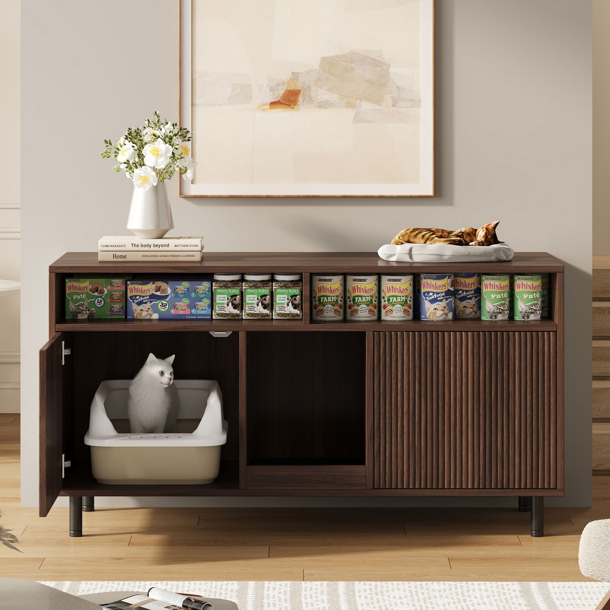 Katzentoiletten-schrank Mit Sandauffangmatte, Haustier-sideboard Mit Ablage, Für 2 Katzenklos, 120x50x66 Cm, Nussbaum