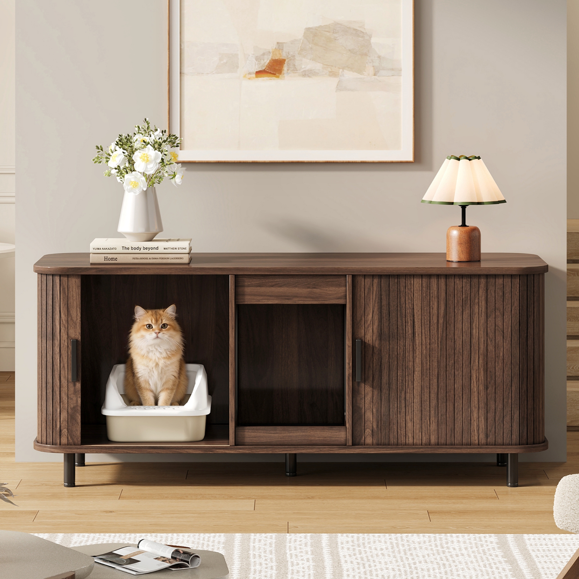 Katzentoilettenschrank Mit Schiebetüren, Platz Für 2 Katzentoiletten, Mit Streuauffangmatte, 140x50x60 Cm, Nussbaum