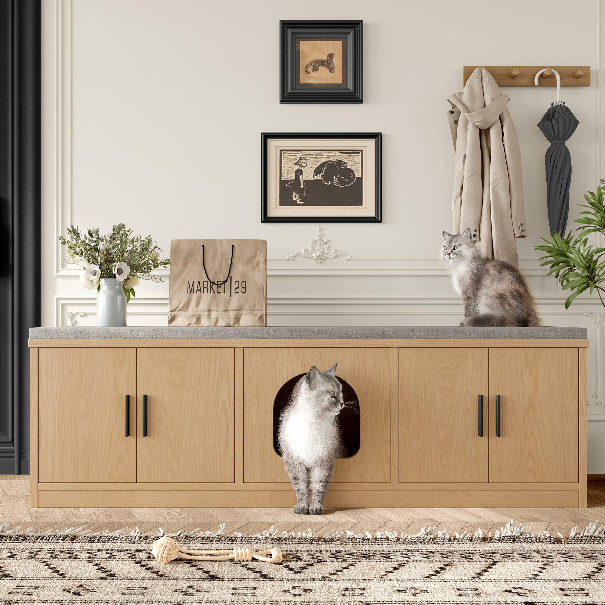 Versteckter Katzenschrank, 140x40x45,5 Cm, Mit Kratzbaum Und Belüftung, Multifunktionales Tiermöbel, Eichenoptik