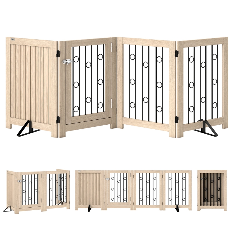 Freistehendes Haustiertor, Hundegitter Mit Tür, 4 Paneele, Für Flur, Treppe & Türrahmen, Mdf/stahl