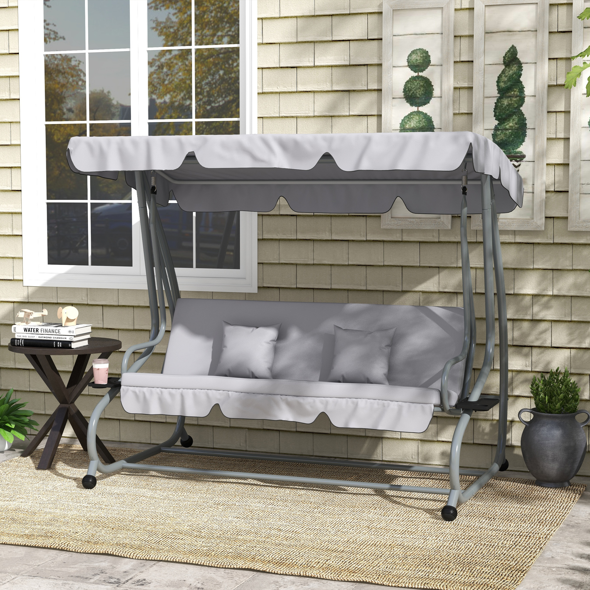 Outsunny Hollywoodschaukel 3-sitzer, Belastung 340kg, Mit Liegefunktion, Verstellbarem Dach, Klappbarem Beistelltisch, 200x120x164 Cm, Hellgrau