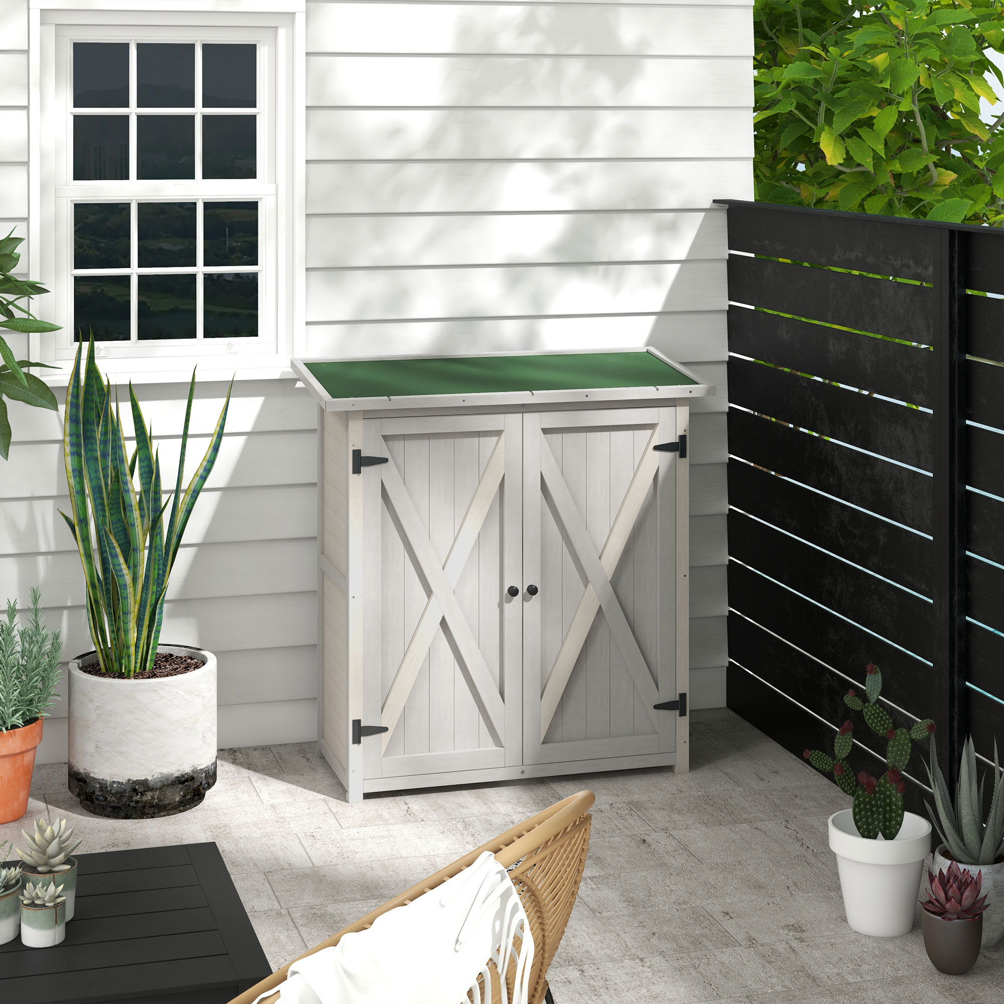 Gartenschrank, Geräteschuppen Aus Holz, Wetterfest Geräteschrank Mit 2 Türen, Werkzeughaus Mit Asphaltdach, Werkzeugschrank Für Garten, Terrasse, 110 X 55 X 117 Cm, Hellgrau