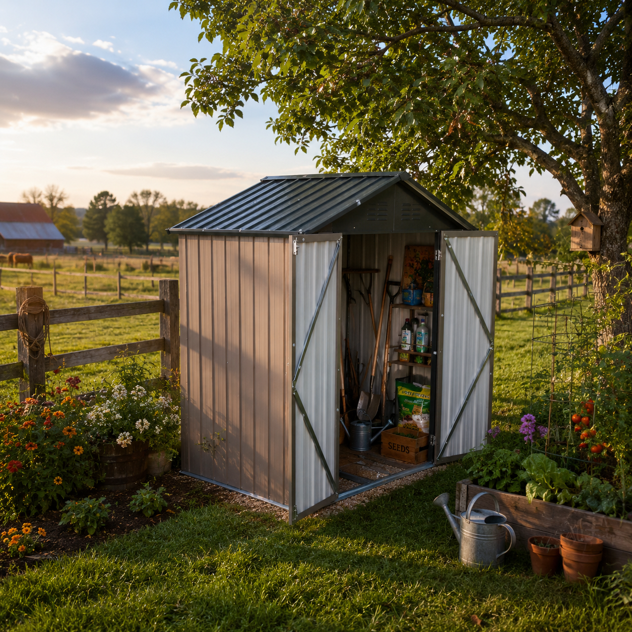 Metall-gartenschuppen 6x4 Ft Mit Spitzdach In Braun-schwarz Als Außenlager. Der Schuppen Ist Mit Einem Integrierten Bodenrahmen Ausgestattet. Grundfläche: 1,95 M².