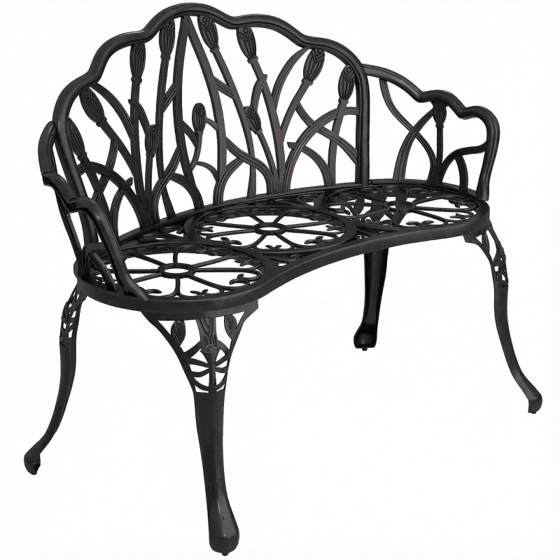 Gartenbank 2-sitzer Gussaluminium Wetterfest Sitzbank Mit Tulpen-rückenlehne Blumenmotiv 99 X 57 X 78 Cm