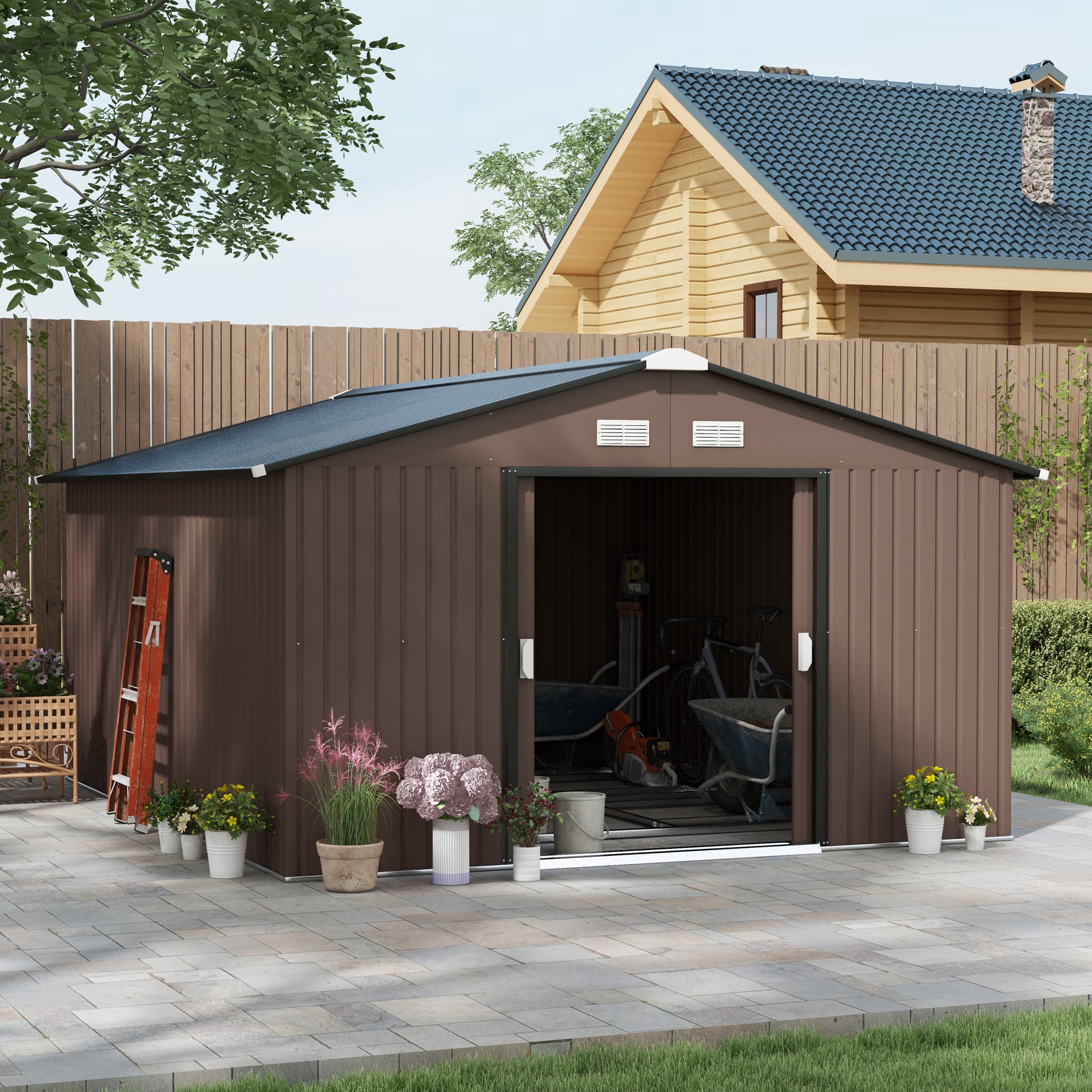 Outsunny Gerätehaus 12,4 M², Gartenhaus Mit Pultdach, Schiebetür, Fundament, 340 X 386 X 200 Cm, Geräteschuppen Aus Verzinkter Stahl, Wetterfest, Für Garten, Braun