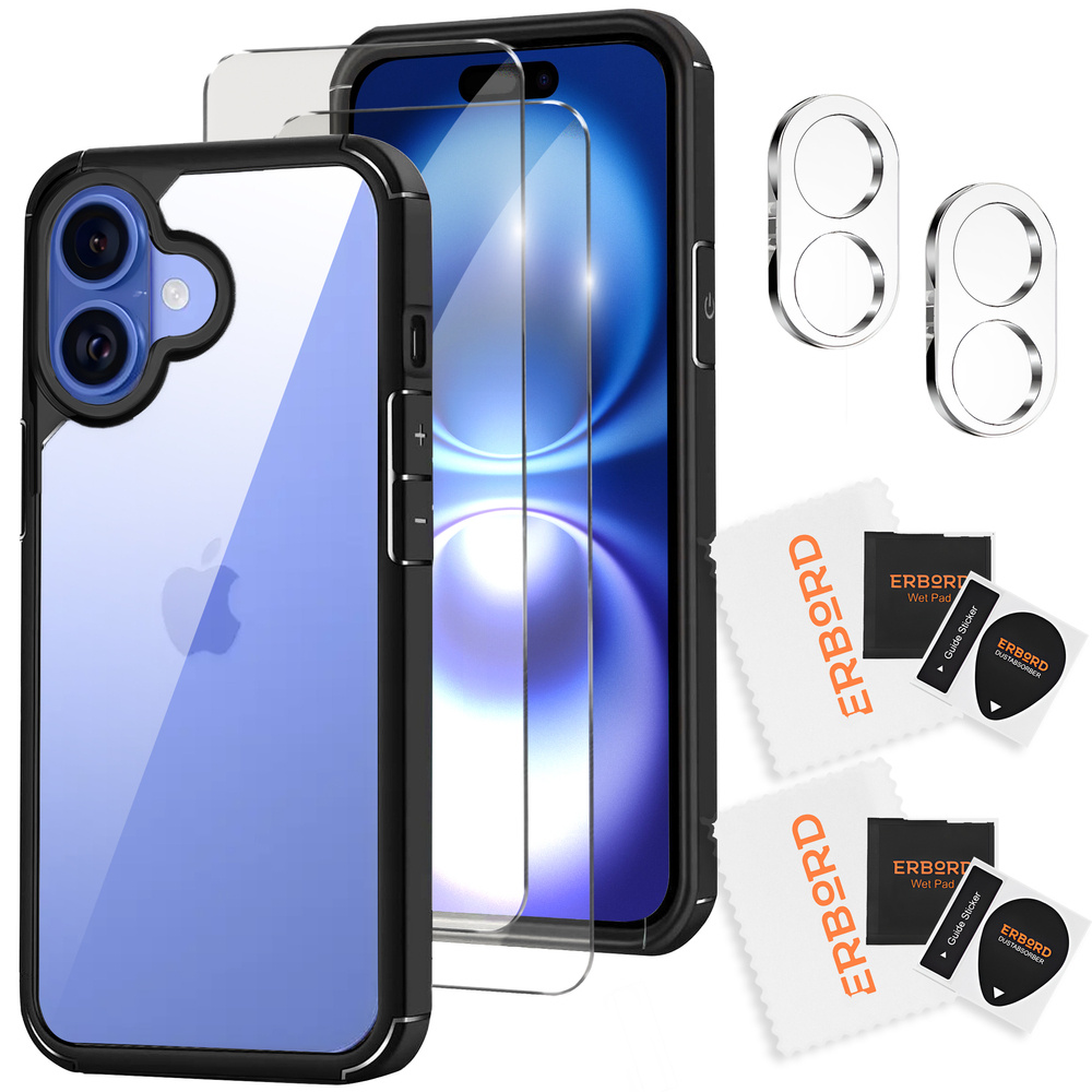 Hülle Für Iphone 16, Erbord Hybrid, Transparent/schwarz + 2x Displayschutzglas + 2x Kameraschutzglas