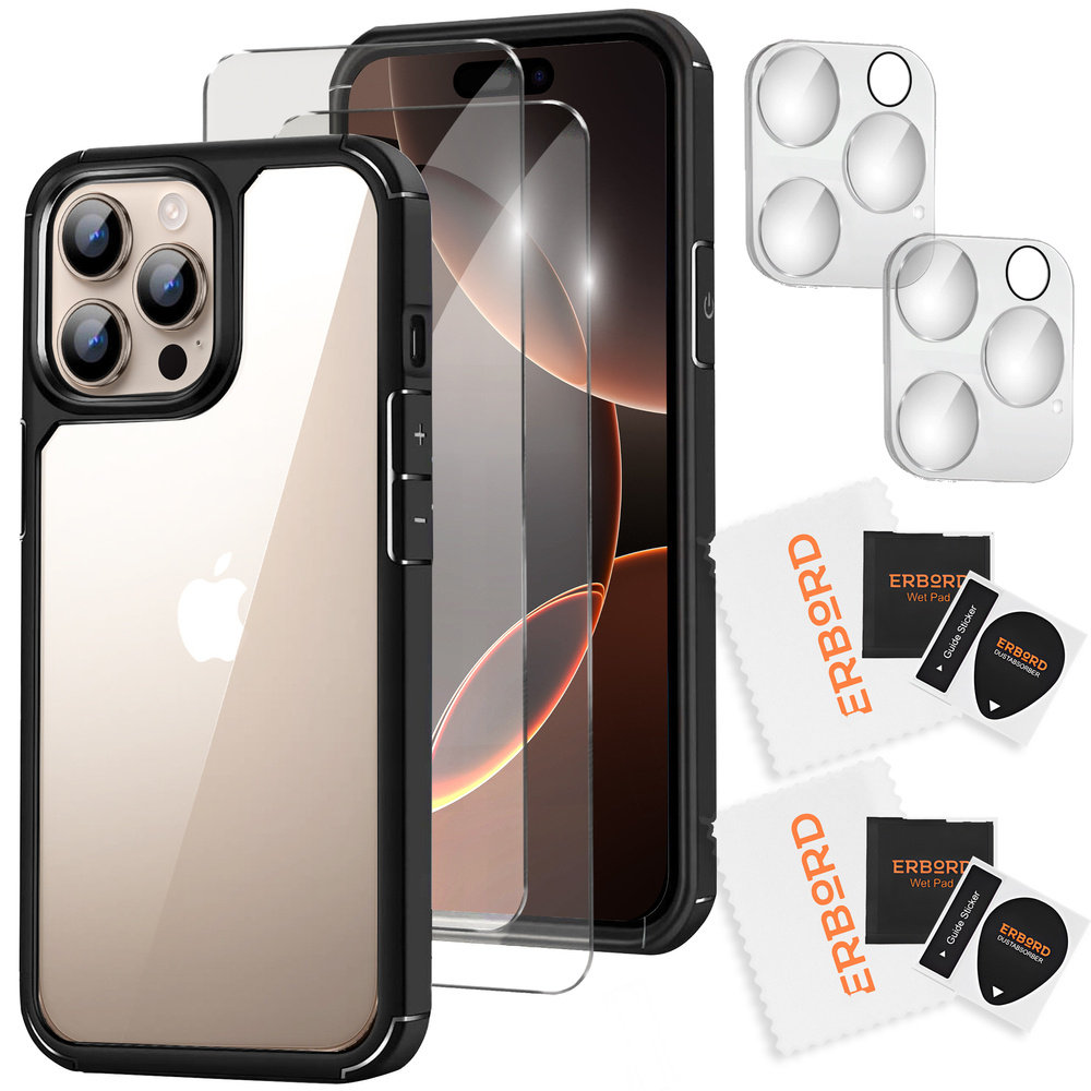 Hülle Für Iphone 16 Pro Max, Erbord Hybrid, Transparent/schwarz + 2x Displayschutzfolien Aus Glas + 2x Kameraschutzfolien Aus Glas